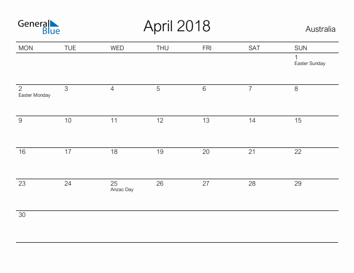 Printable April 2018 Calendar for Australia
