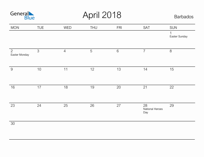 Printable April 2018 Calendar for Barbados