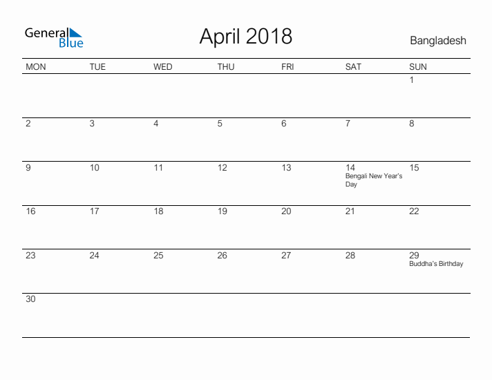 Printable April 2018 Calendar for Bangladesh