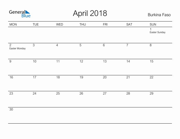 Printable April 2018 Calendar for Burkina Faso