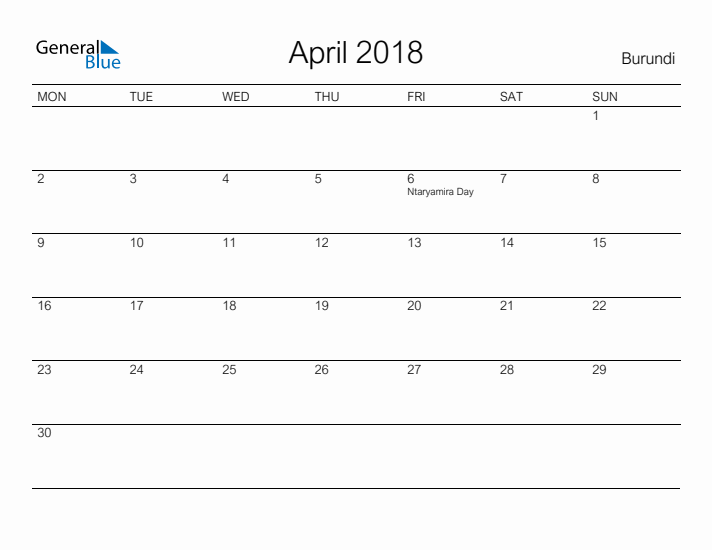 Printable April 2018 Calendar for Burundi