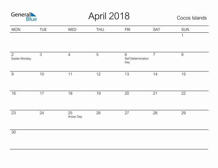 Printable April 2018 Calendar for Cocos Islands