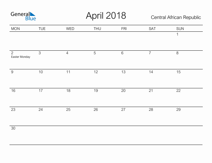 Printable April 2018 Calendar for Central African Republic