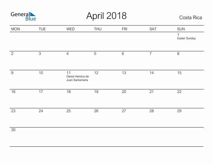 Printable April 2018 Calendar for Costa Rica