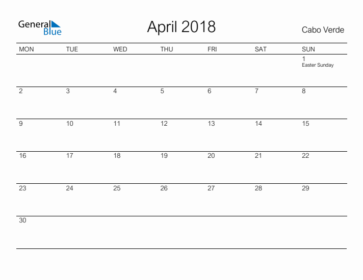 Printable April 2018 Calendar for Cabo Verde