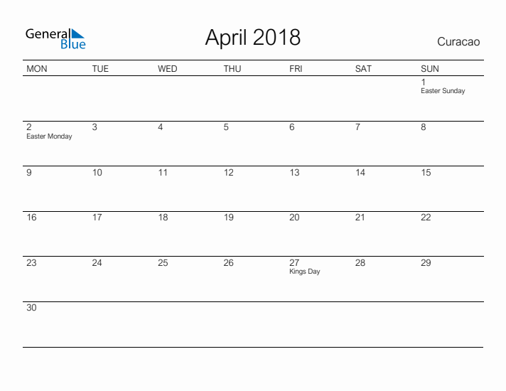 Printable April 2018 Calendar for Curacao