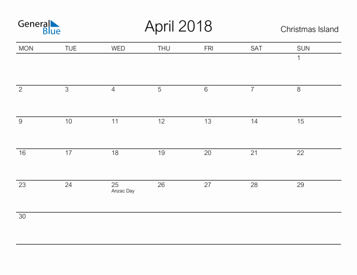 Printable April 2018 Calendar for Christmas Island