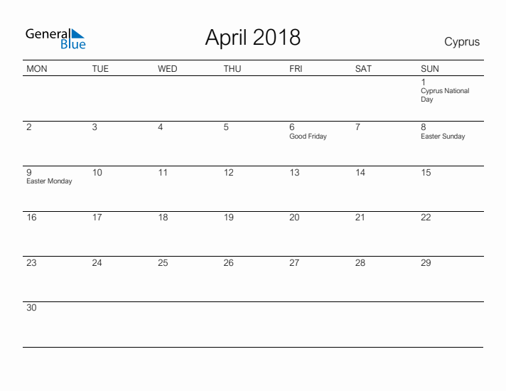 Printable April 2018 Calendar for Cyprus