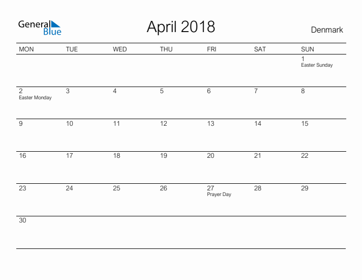 Printable April 2018 Calendar for Denmark