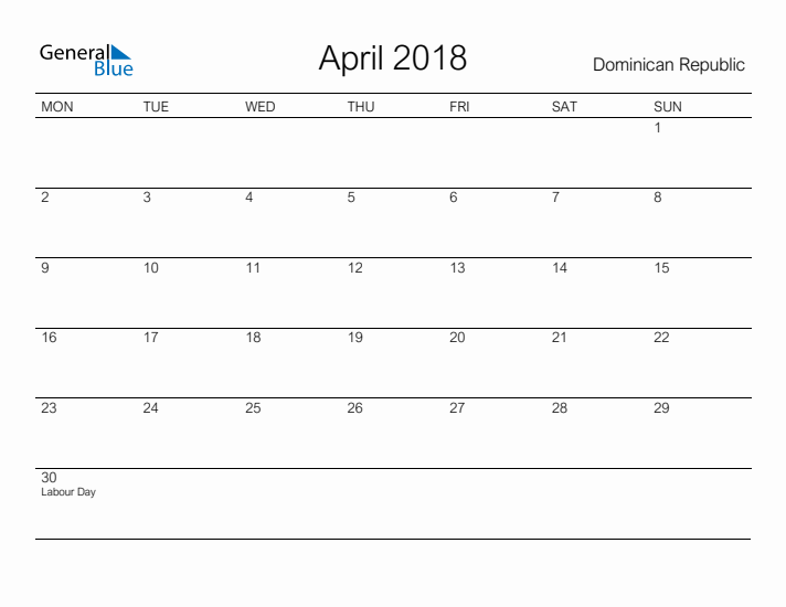 Printable April 2018 Calendar for Dominican Republic