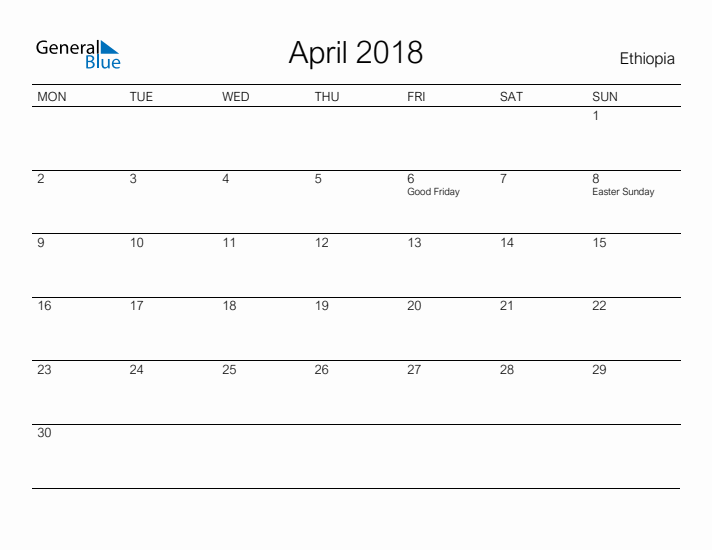 Printable April 2018 Calendar for Ethiopia