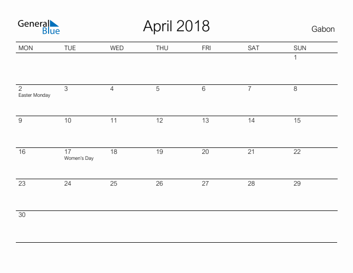 Printable April 2018 Calendar for Gabon