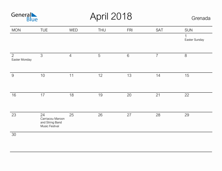 Printable April 2018 Calendar for Grenada
