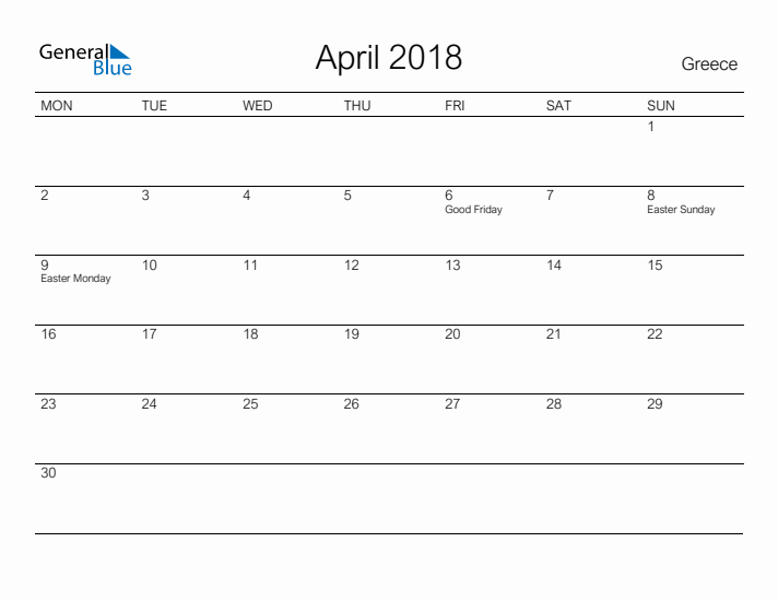 Printable April 2018 Calendar for Greece