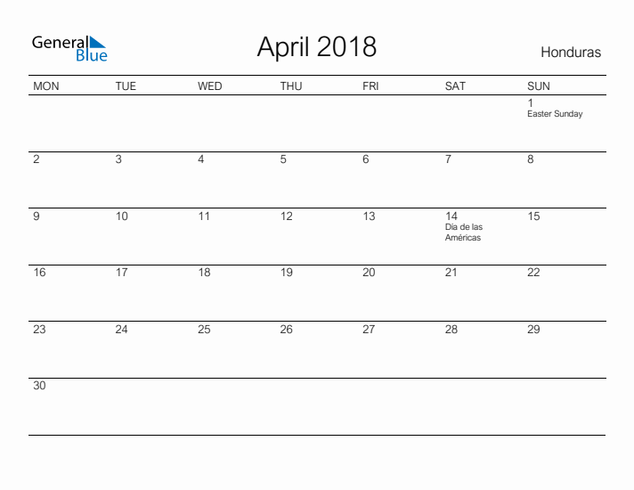 Printable April 2018 Calendar for Honduras