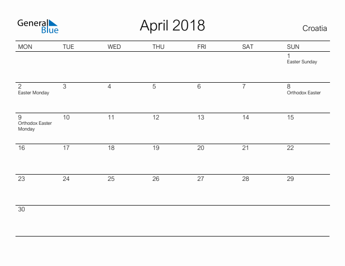 Printable April 2018 Calendar for Croatia