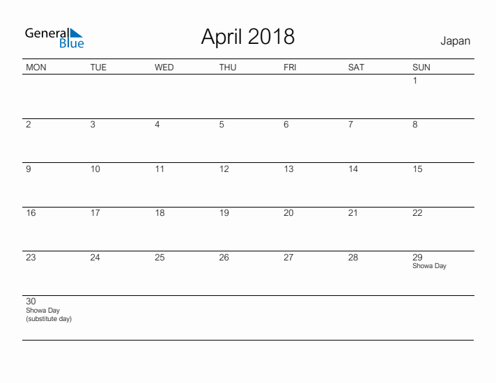 Printable April 2018 Calendar for Japan