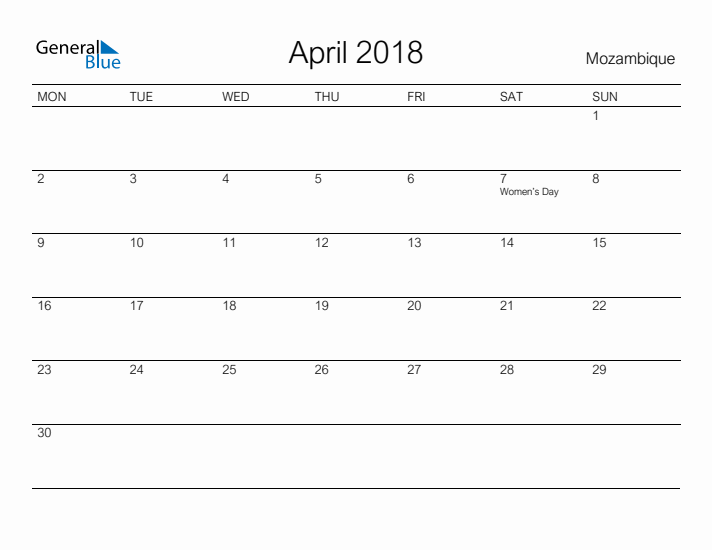 Printable April 2018 Calendar for Mozambique