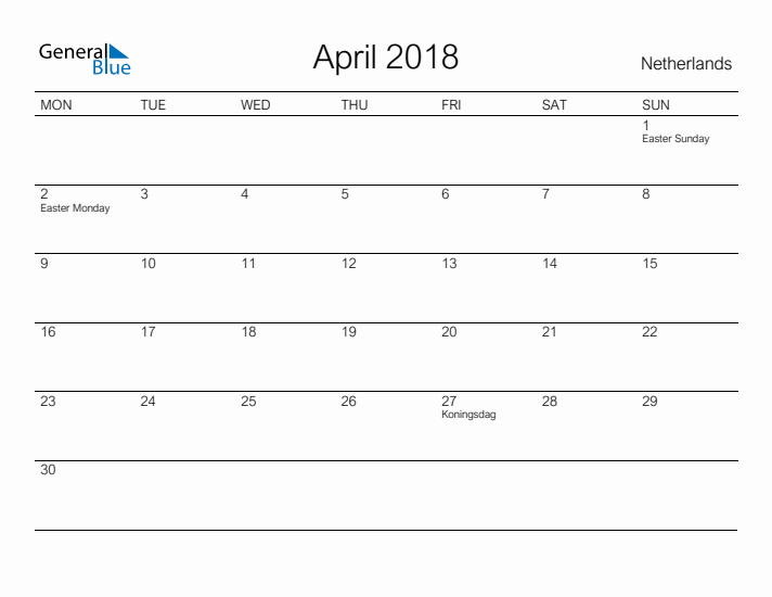 Printable April 2018 Calendar for The Netherlands
