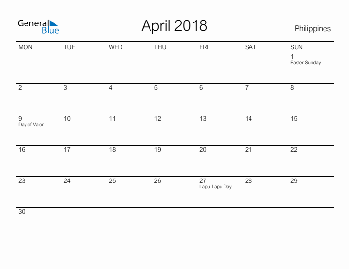 Printable April 2018 Calendar for Philippines