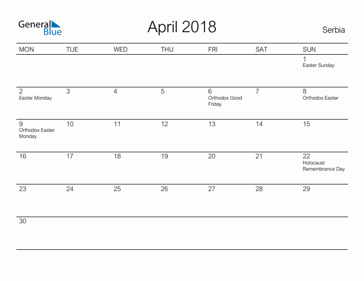Printable April 2018 Calendar for Serbia
