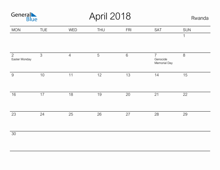 Printable April 2018 Calendar for Rwanda