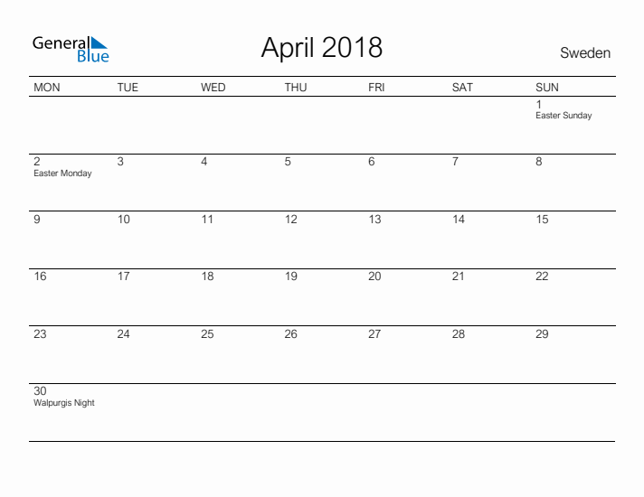 Printable April 2018 Calendar for Sweden