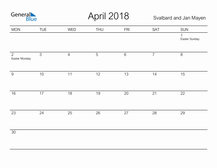 Printable April 2018 Calendar for Svalbard and Jan Mayen