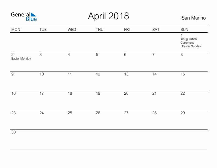 Printable April 2018 Calendar for San Marino