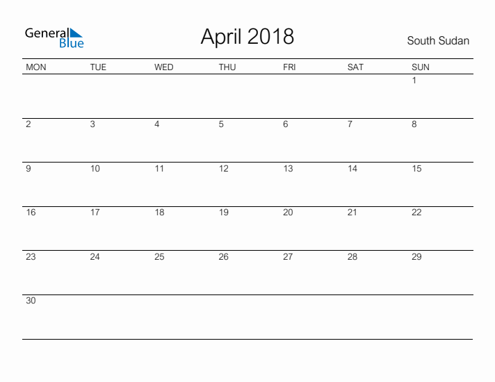 Printable April 2018 Calendar for South Sudan