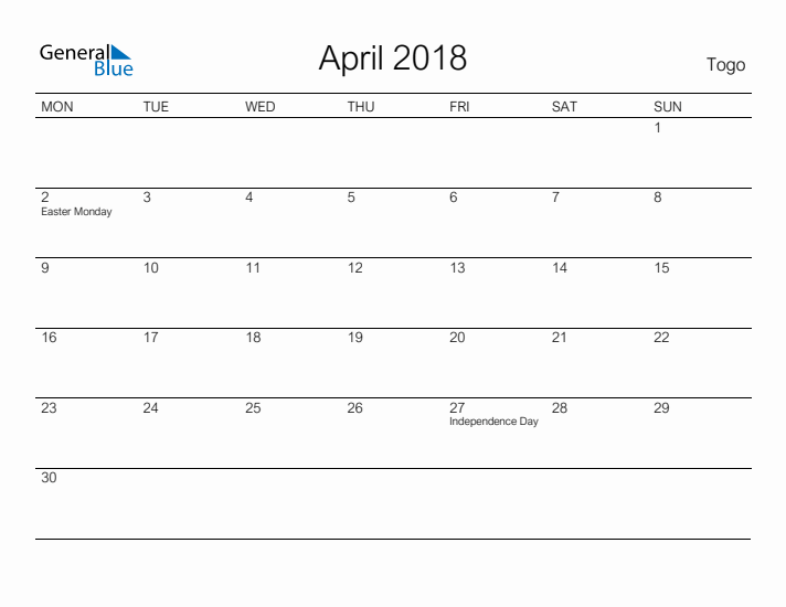 Printable April 2018 Calendar for Togo