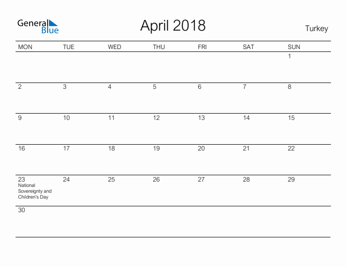 Printable April 2018 Calendar for Turkey