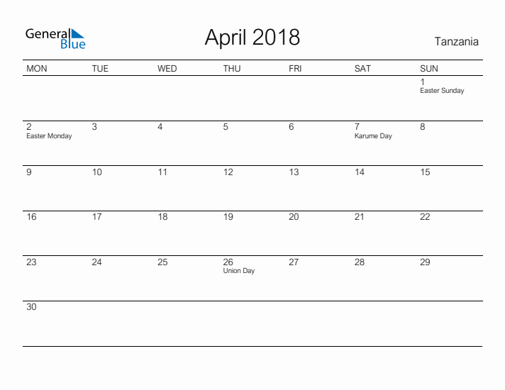 Printable April 2018 Calendar for Tanzania