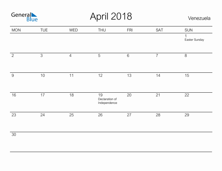 Printable April 2018 Calendar for Venezuela