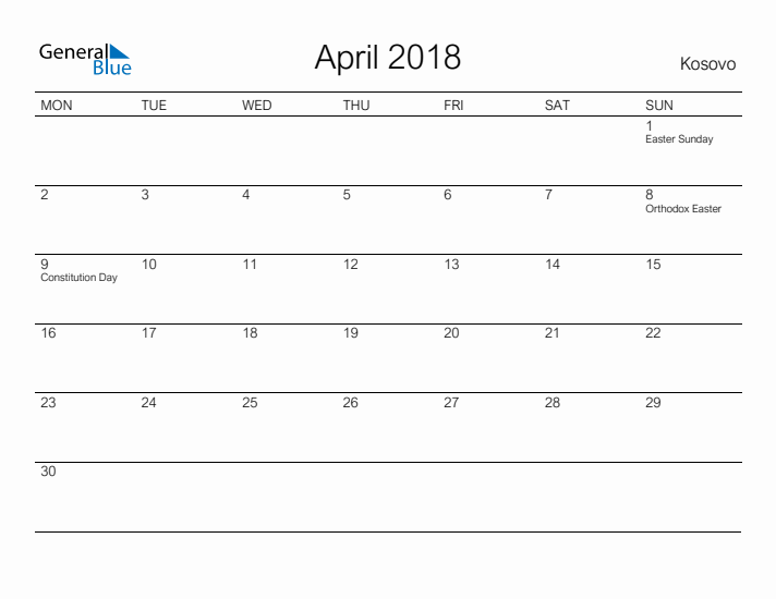 Printable April 2018 Calendar for Kosovo