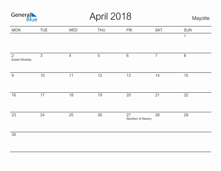 Printable April 2018 Calendar for Mayotte