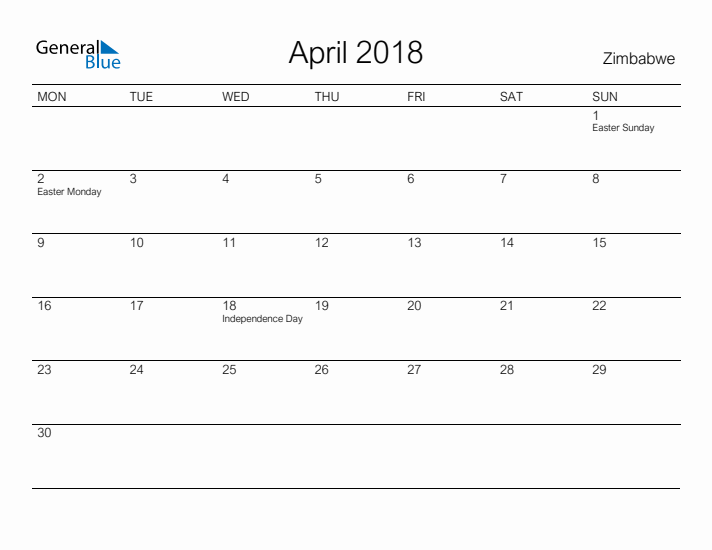Printable April 2018 Calendar for Zimbabwe