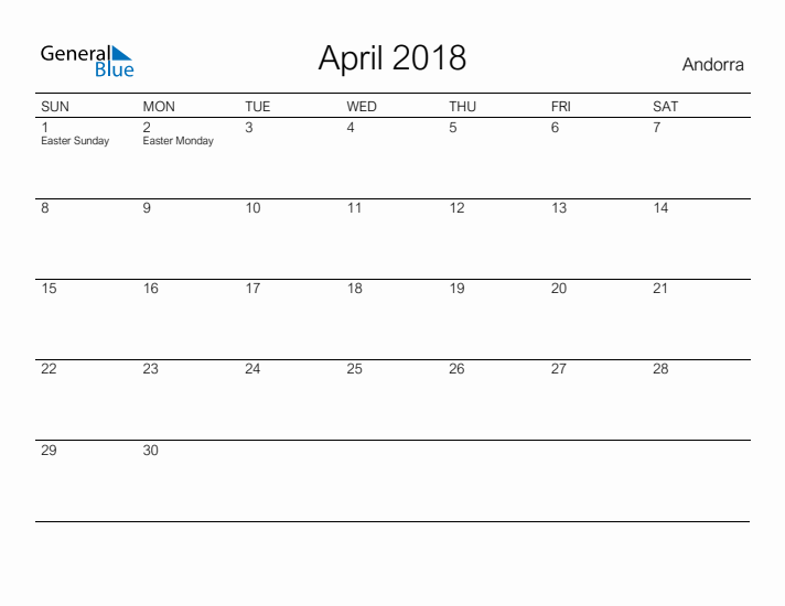 Printable April 2018 Calendar for Andorra