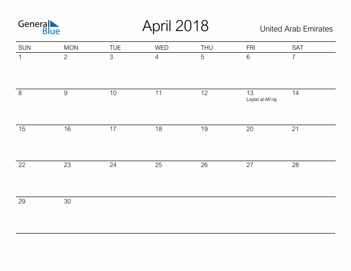 Printable April 2018 Calendar for United Arab Emirates