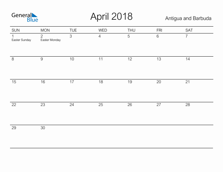 Printable April 2018 Calendar for Antigua and Barbuda