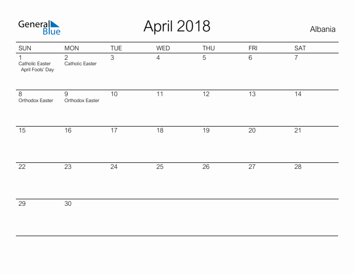 Printable April 2018 Calendar for Albania