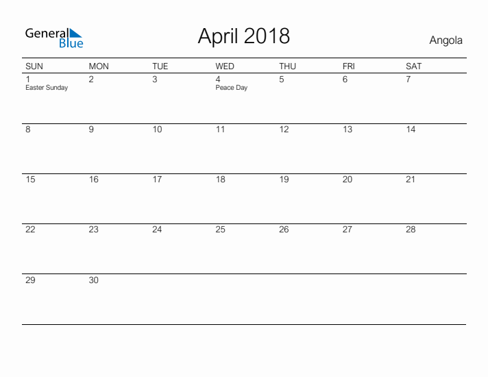 Printable April 2018 Calendar for Angola