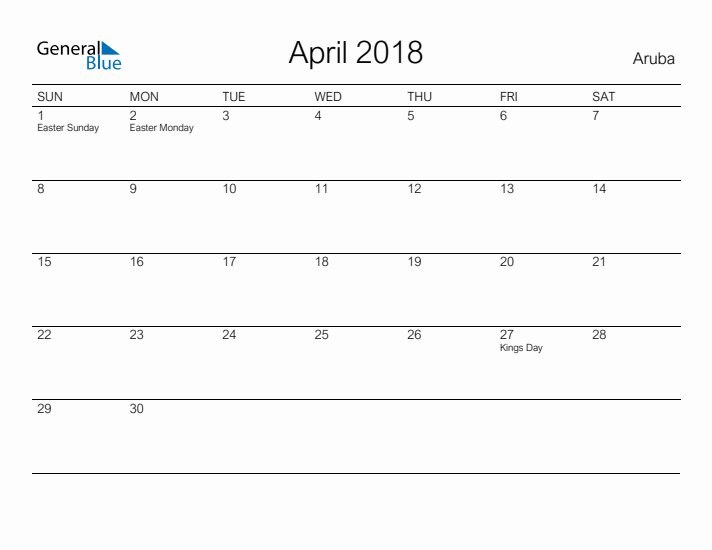 Printable April 2018 Calendar for Aruba