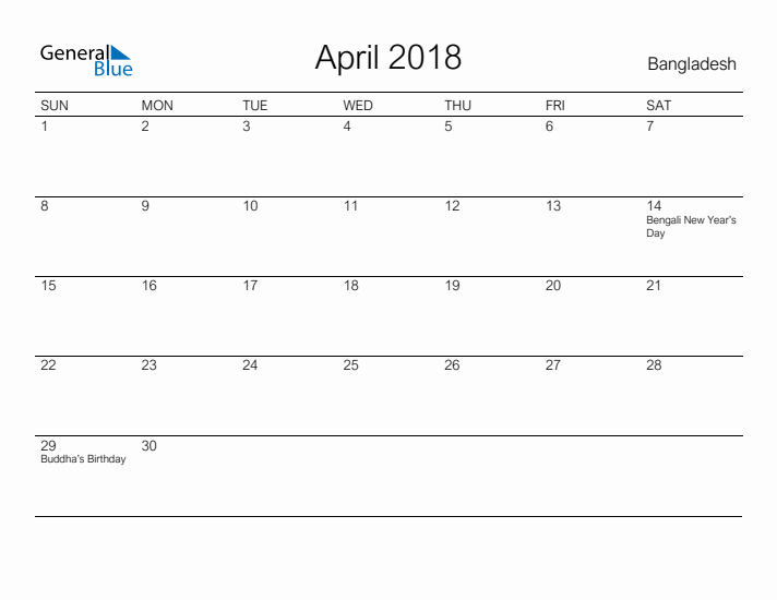 Printable April 2018 Calendar for Bangladesh
