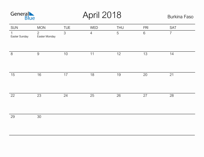 Printable April 2018 Calendar for Burkina Faso