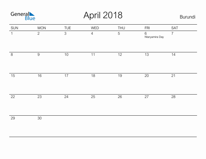 Printable April 2018 Calendar for Burundi