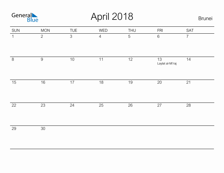 Printable April 2018 Calendar for Brunei