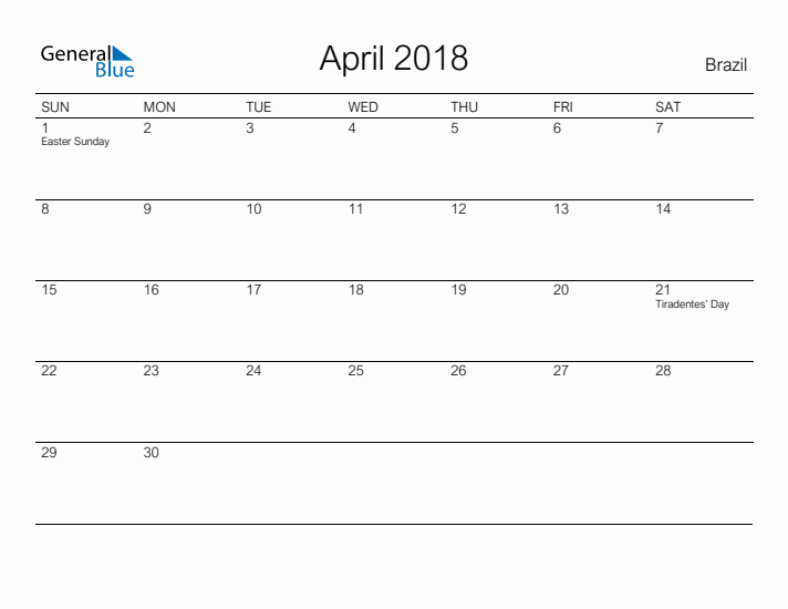 Printable April 2018 Calendar for Brazil