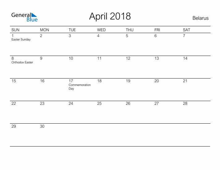 Printable April 2018 Calendar for Belarus