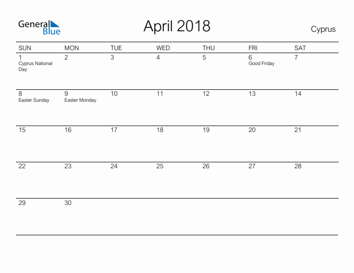 Printable April 2018 Calendar for Cyprus